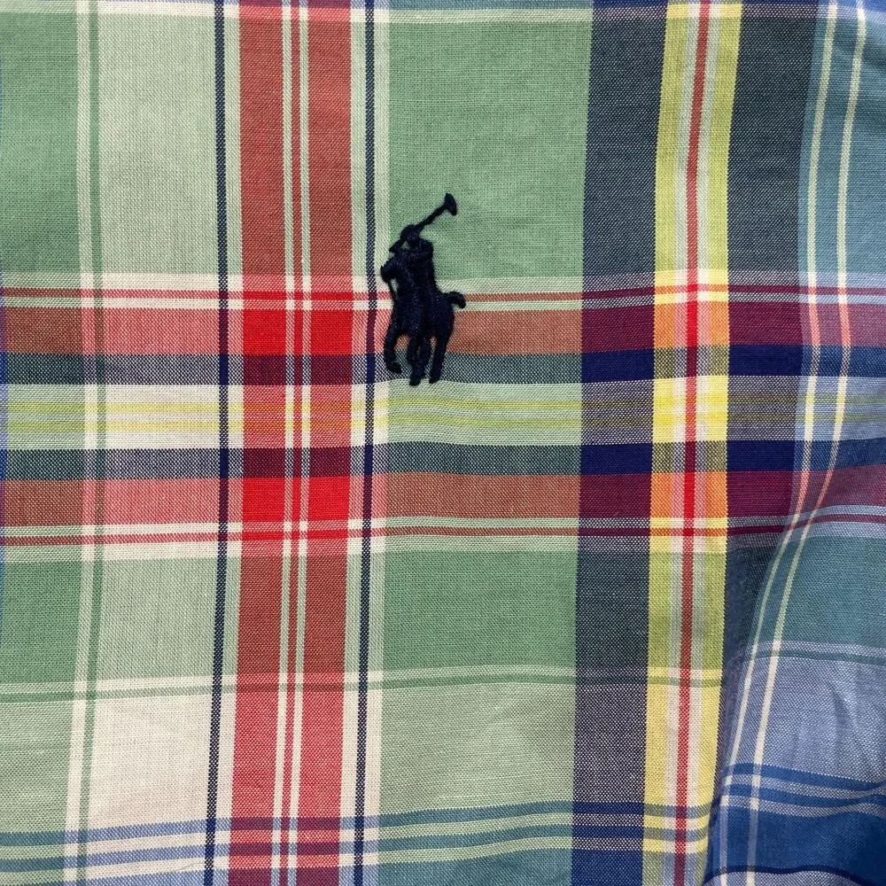 Ralph Lauren Boys Medium Button Up Plaid Shirt Button Down Collar Short Sleeve‎